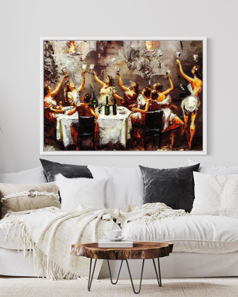 Tavla med klassiska färger i beige, brunt och vitt som skildrar en scen från antikens banketter, inspirerad av renässansens konst.